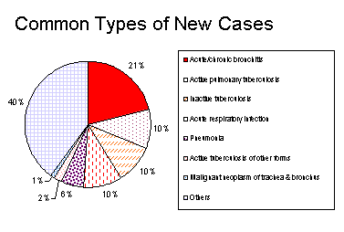 Common Types of new TB cases:  Acute/chronic bronchitis (21%); Active pulmonary tuberculosis (10.1%); Inactive tuberculosis (10.2%); Acute respiratory infection (10.2%); Pneumonia (5.6%); Active tuberculosis of other forms (2.2%); Malignant neoplasm of trachea and bronchus (1.4%); Others (40%).