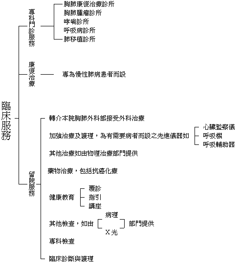 临床服务∶（一）专科门诊服务∶胸肺康复治疗诊所、胸肺肿瘤诊所、哮喘诊所、呼吸病诊所及肺移植诊所。（二）康复治疗∶专为慢性病患者而设。（三）留院服务∶转介本院胸肺外科接受外科治疗；加强治疗及护理，为有需要病者而设之先进仪器如心脏监察仪、呼吸机及呼吸辅助器；其他治疗如由物理治疗部门提供；药物治疗，包括抗癌化疗；健康教育如覆诊、指引及讲座；其他检查，如由病理／X光部门提供；及临床诊断与护理。