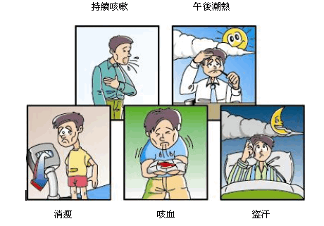 结核病的病征: 持续咳嗽; 午后潮热; 消瘦; 咳血; 盗汗。